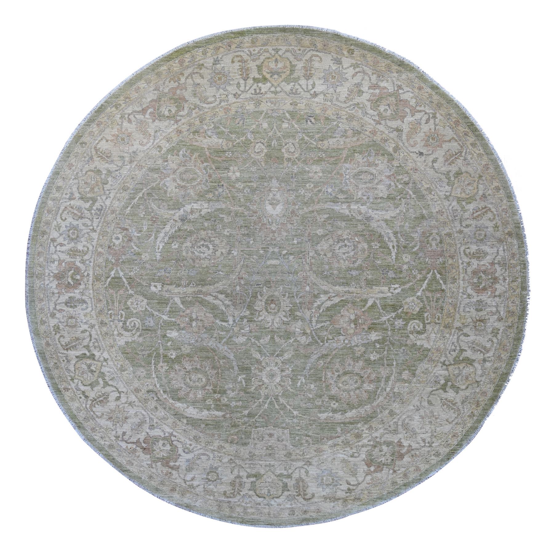10'x10' Sage Green, Peshawar with Heriz All Over Design, High Mountain Wool, Densely Woven, Hand Knotted, Round, Oriental Rug 